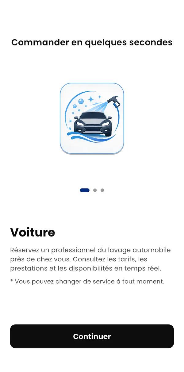 Écran d’accueil GoWash : Voiture, commander en quelques secondes