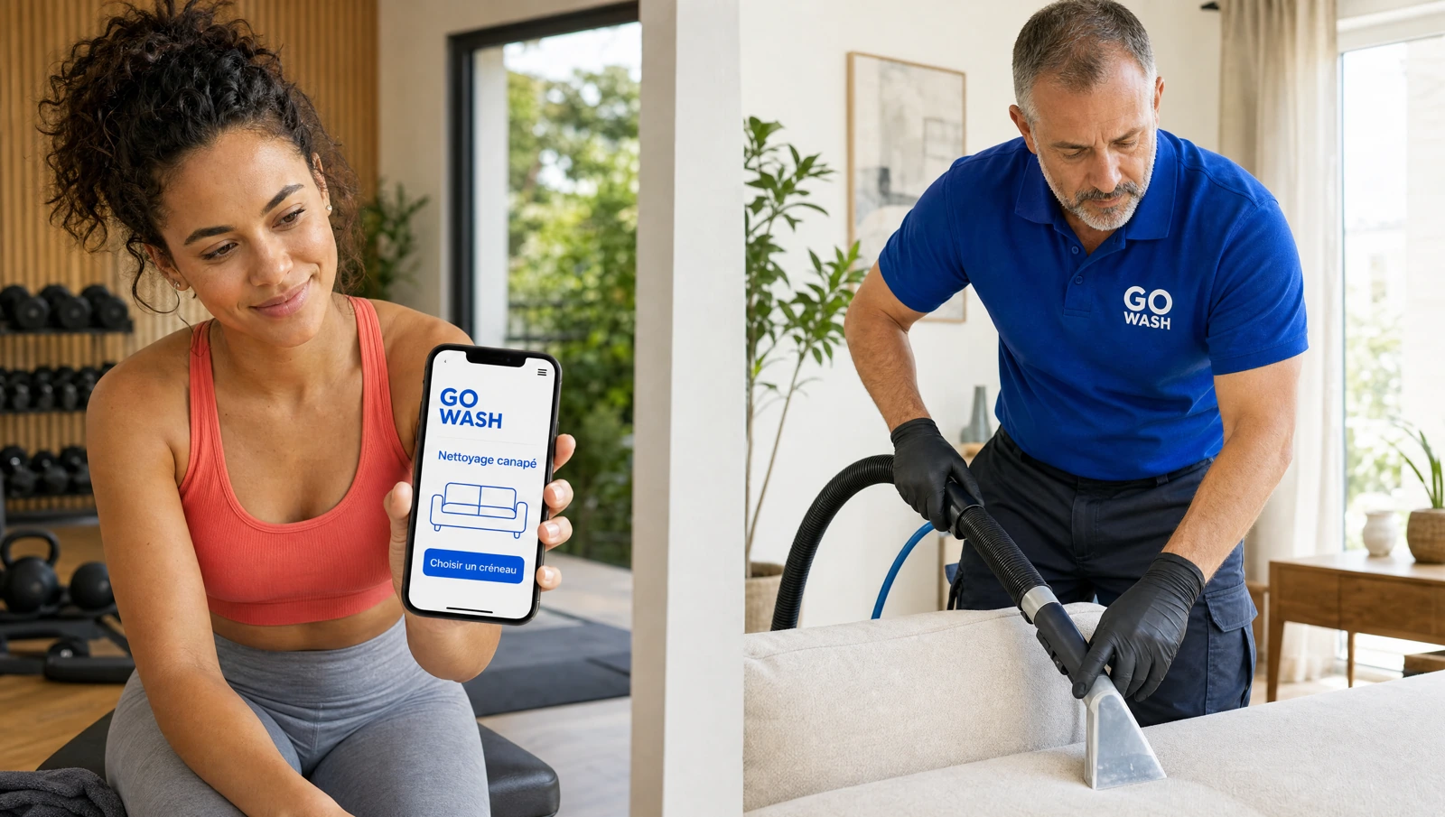 Une cliente en tenue de sport corail utilise Go Wash sur son téléphone. Un professionnel différent, en uniforme bleu marqué GO WASH, nettoie un canapé.