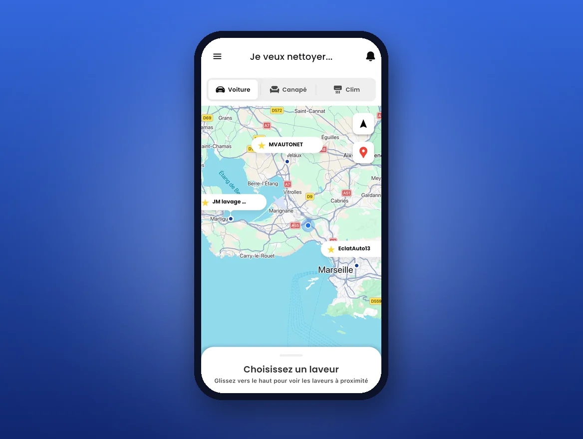 L’application GoWash : les professionnels visibles sur la carte autour du client.